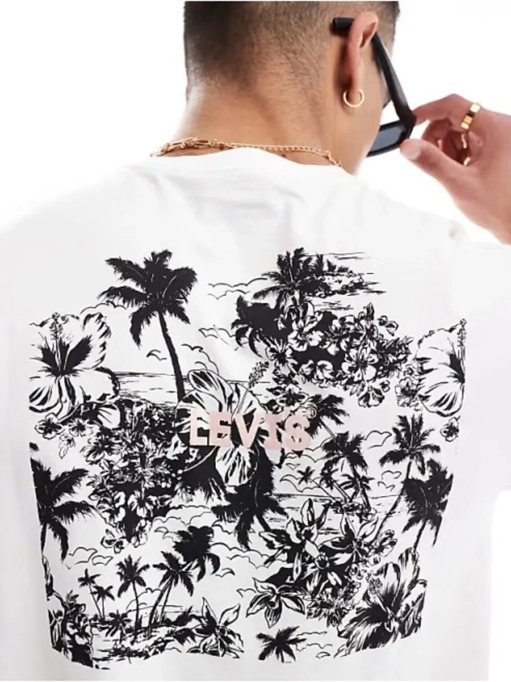Levi's White Tee with Black Tropical Print and Pink Logo
